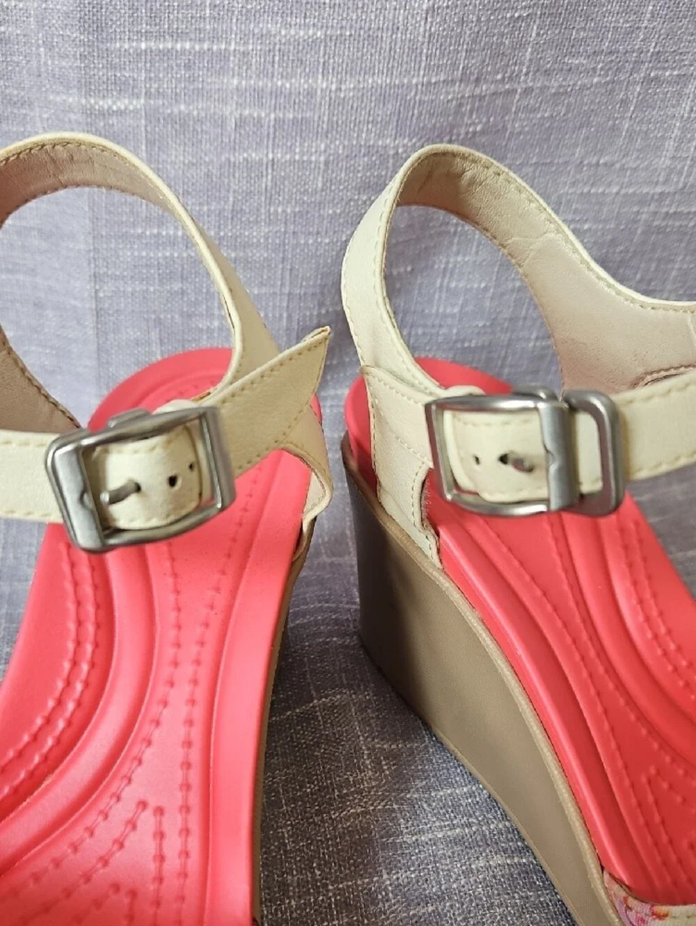 CROCS Pink Floral Wedge Sandals with Cream Ankle Strap